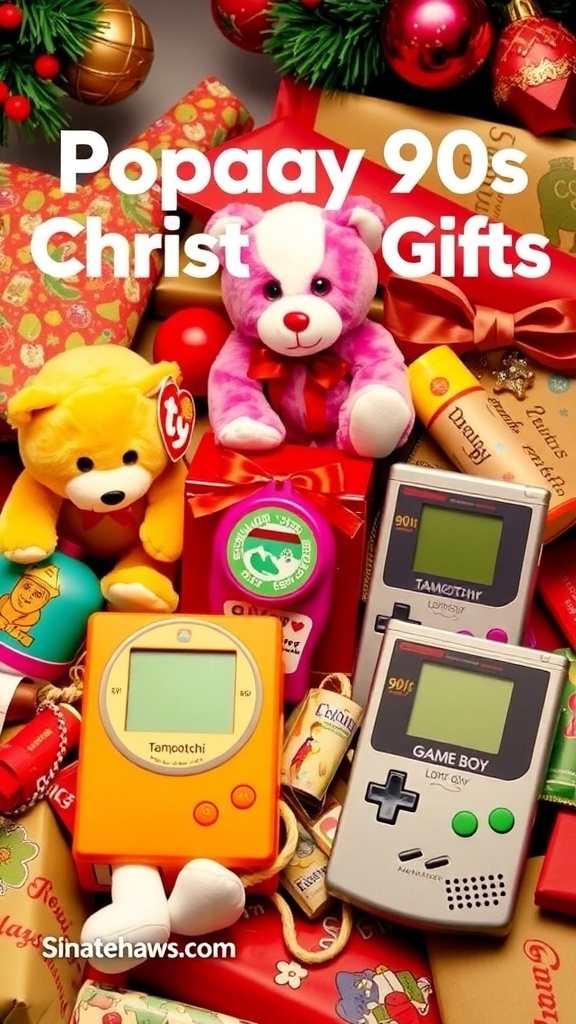 90s Christmas Gift Ideas A collection of 90s Christmas gifts including Beanie Babies, Tamagotchi, and Game Boy on a festive background.